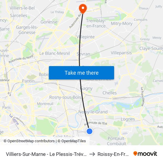 Villiers-Sur-Marne - Le Plessis-Trévise RER to Roissy-En-France map