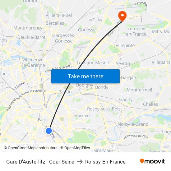 Gare D'Austerlitz - Cour Seine to Roissy-En-France map