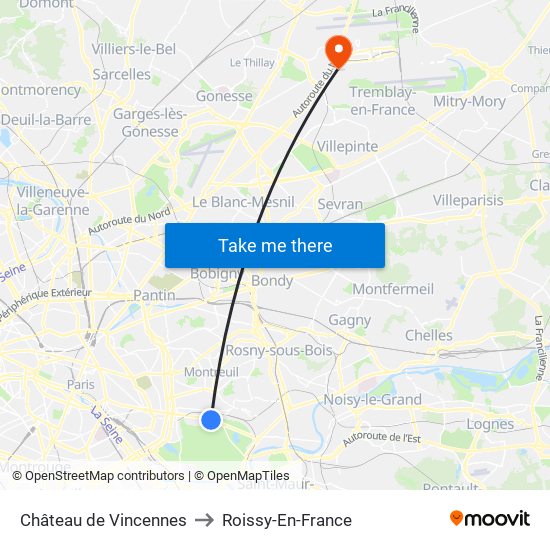 Château de Vincennes to Roissy-En-France map