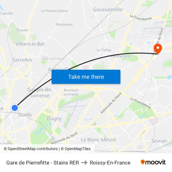 Gare de Pierrefitte - Stains RER to Roissy-En-France map