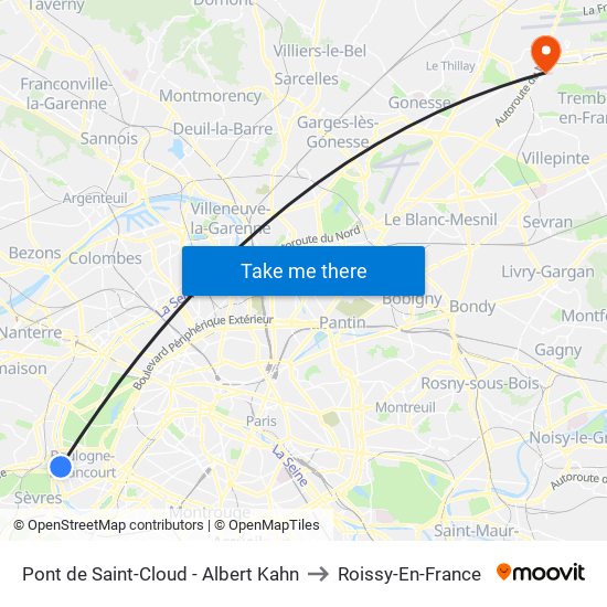 Pont de Saint-Cloud - Albert Kahn to Roissy-En-France map