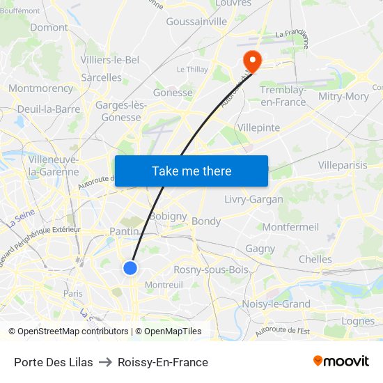 Porte Des Lilas to Roissy-En-France map