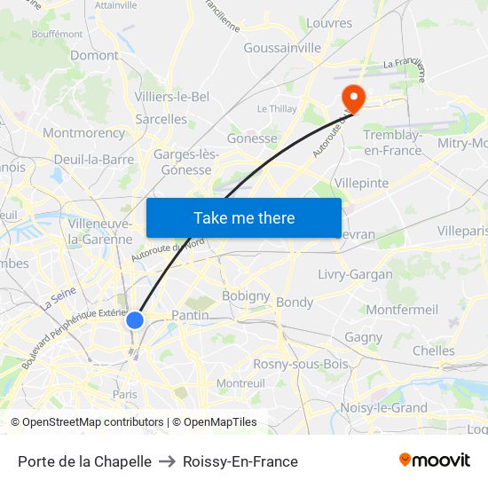 Porte de la Chapelle to Roissy-En-France map