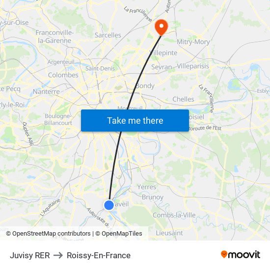 Juvisy RER to Roissy-En-France map