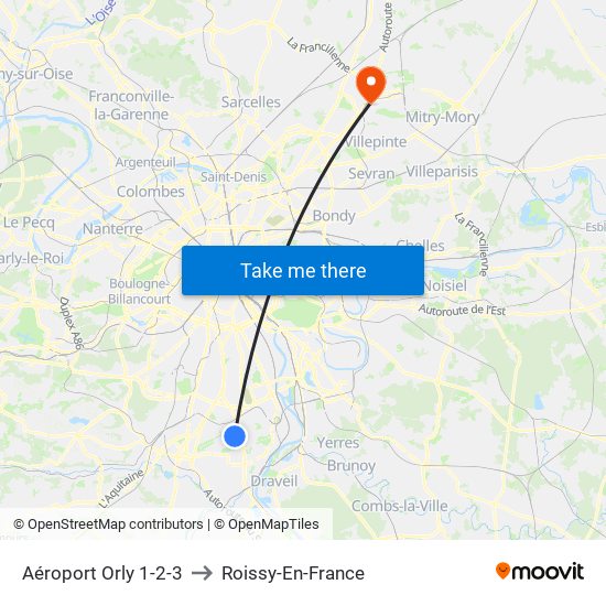 Aéroport Orly 1-2-3 to Roissy-En-France map