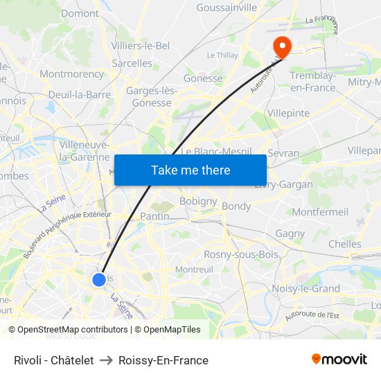 Rivoli - Châtelet to Roissy-En-France map