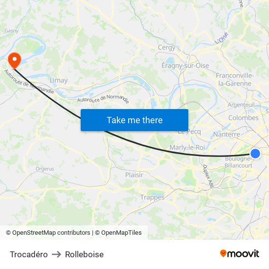Trocadéro to Rolleboise map