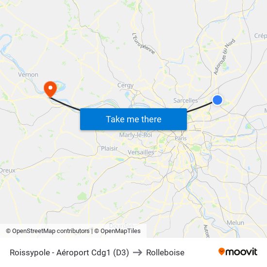 Roissypole - Aéroport Cdg1 (D3) to Rolleboise map