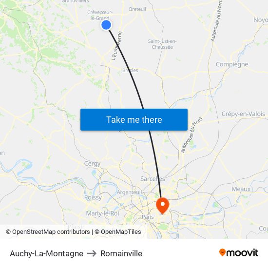 Auchy-La-Montagne to Romainville map