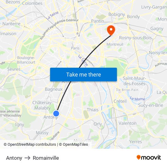 Antony to Romainville map