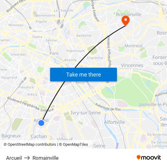 Arcueil to Romainville map