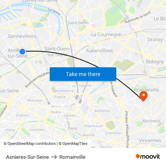 Asnieres-Sur-Seine to Romainville map