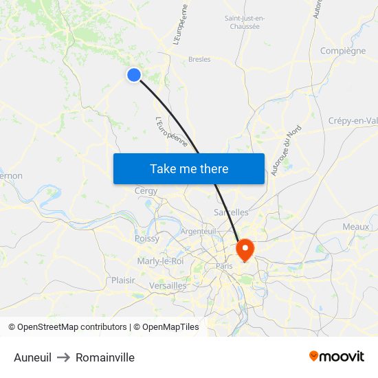 Auneuil to Romainville map