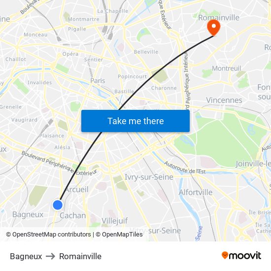 Bagneux to Romainville map