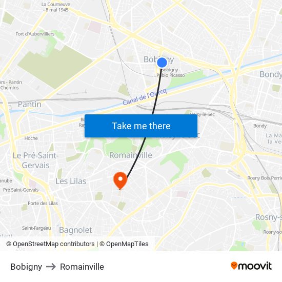 Bobigny to Romainville map