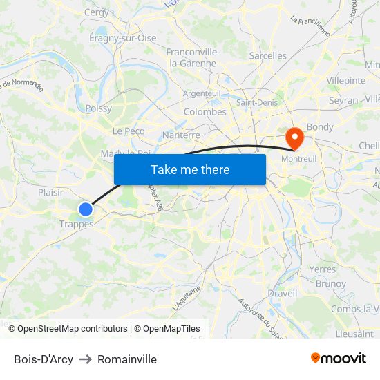 Bois-D'Arcy to Romainville map