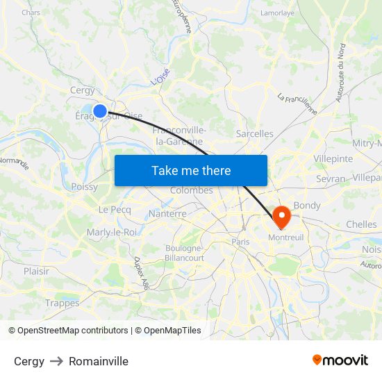 Cergy to Romainville map