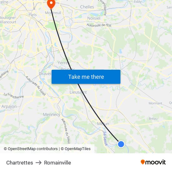 Chartrettes to Romainville map