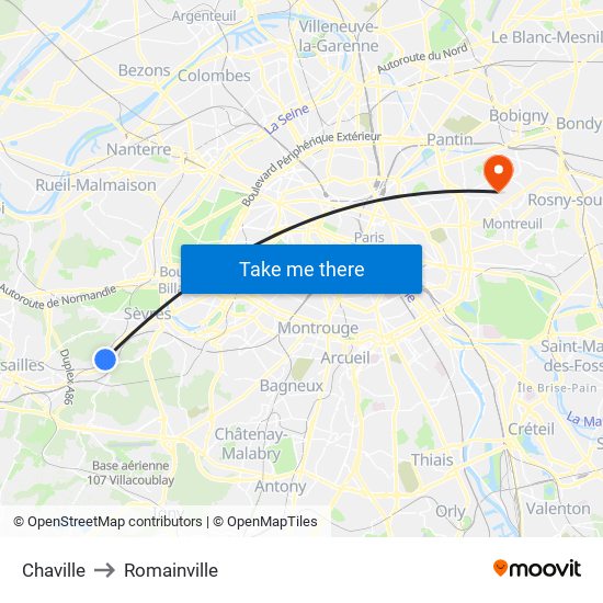 Chaville to Romainville map