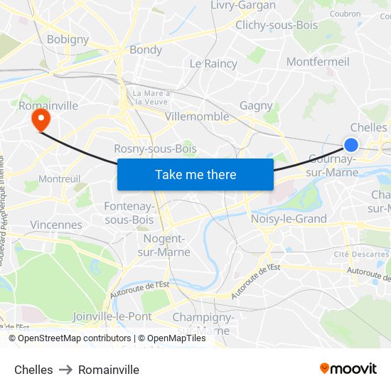 Chelles to Romainville map
