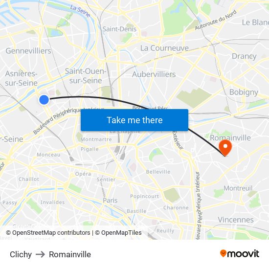 Clichy to Romainville map