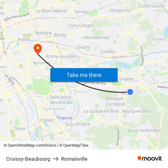 Croissy-Beaubourg to Romainville map