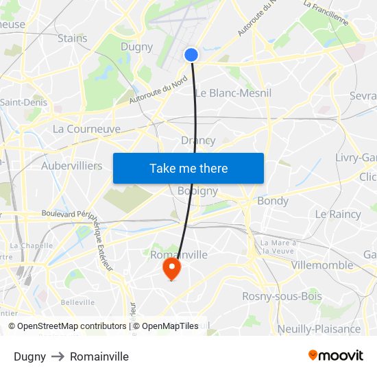 Dugny to Romainville map