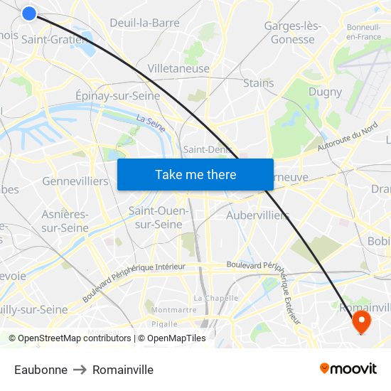 Eaubonne to Romainville map