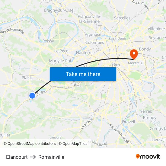 Elancourt to Romainville map