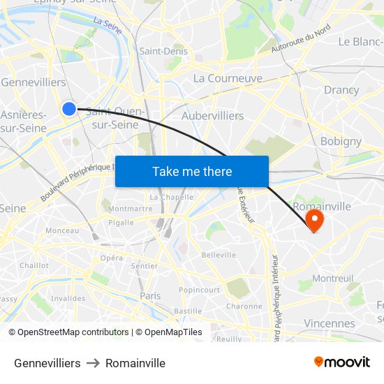 Gennevilliers to Romainville map