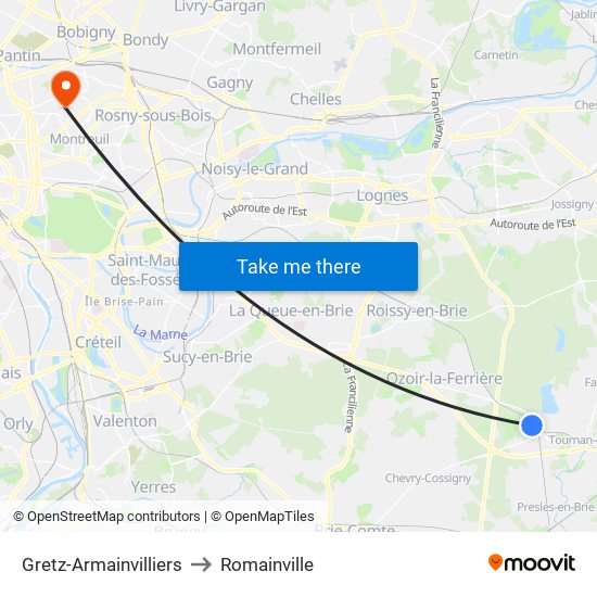 Gretz-Armainvilliers to Romainville map
