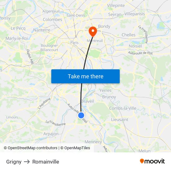 Grigny to Romainville map