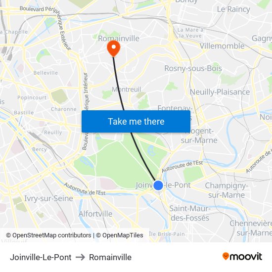 Joinville-Le-Pont to Romainville map