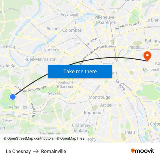 Le Chesnay to Romainville map