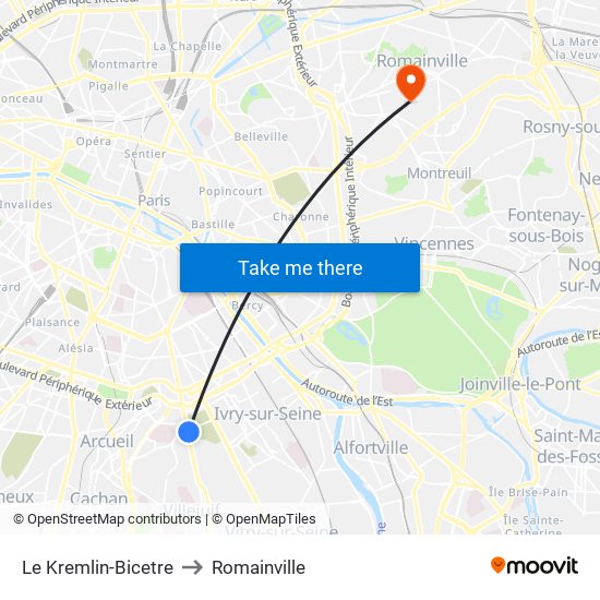 Le Kremlin-Bicetre to Romainville map