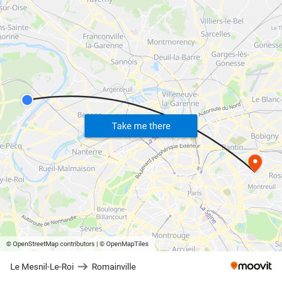 Le Mesnil-Le-Roi to Romainville map
