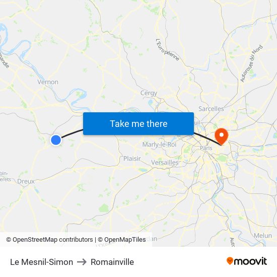 Le Mesnil-Simon to Romainville map