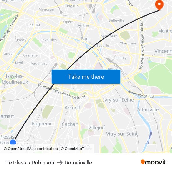 Le Plessis-Robinson to Romainville map