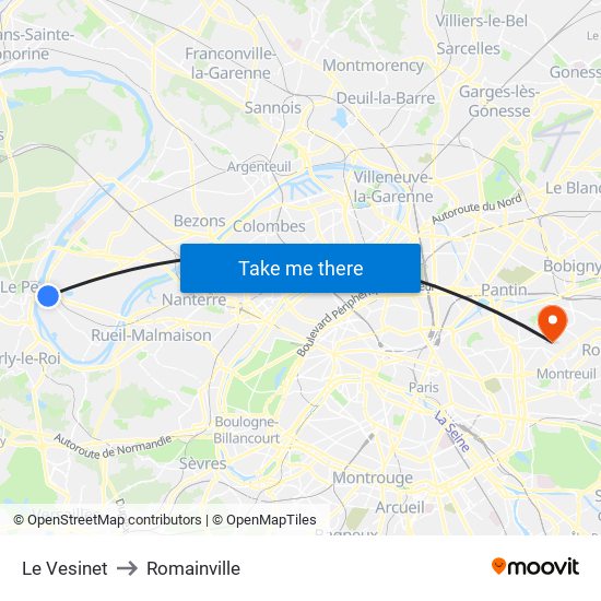 Le Vesinet to Romainville map