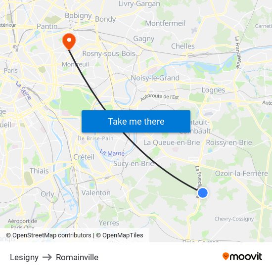 Lesigny to Romainville map