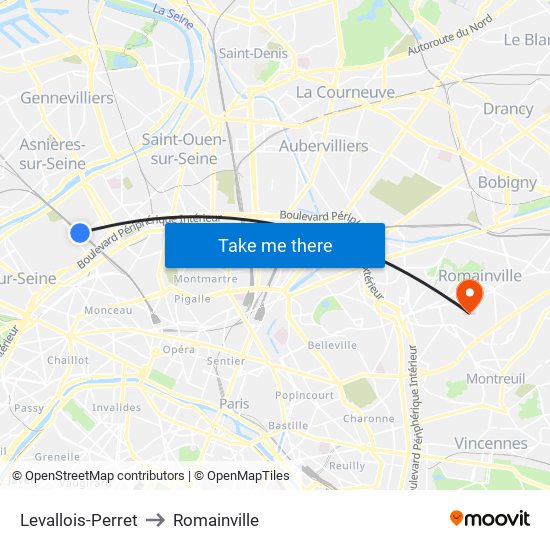 Levallois-Perret to Romainville map