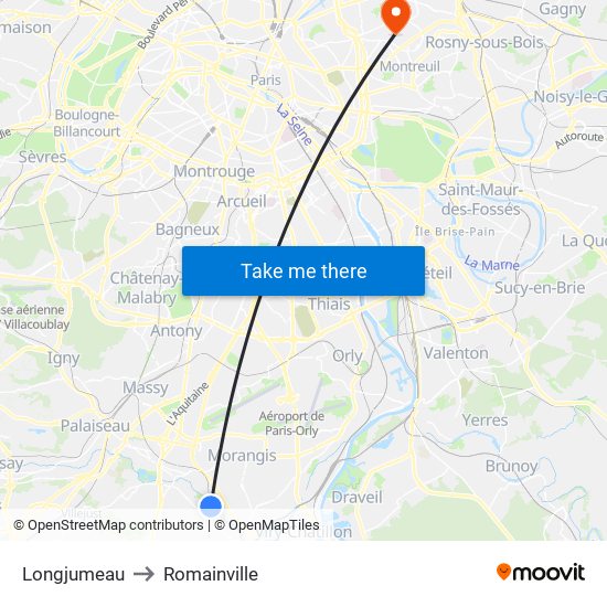 Longjumeau to Romainville map