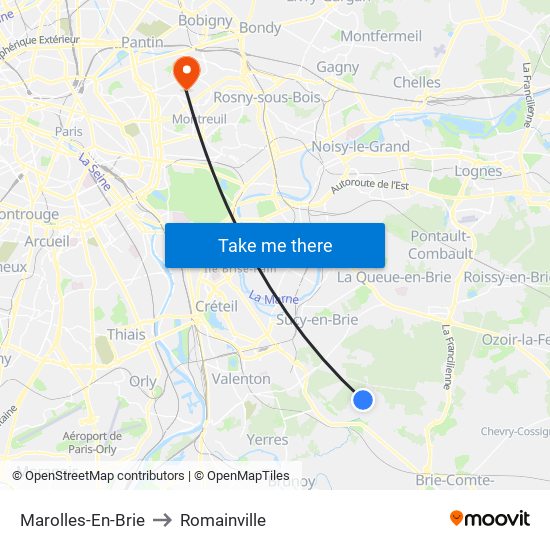 Marolles-En-Brie to Romainville map