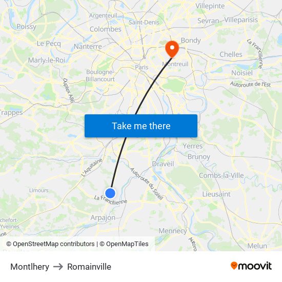 Montlhery to Romainville map