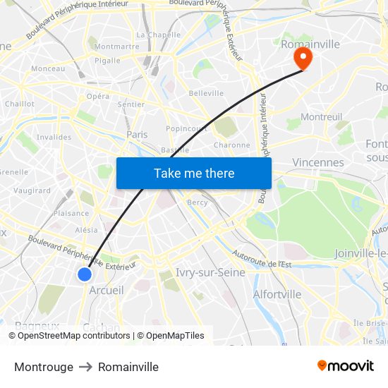 Montrouge to Romainville map