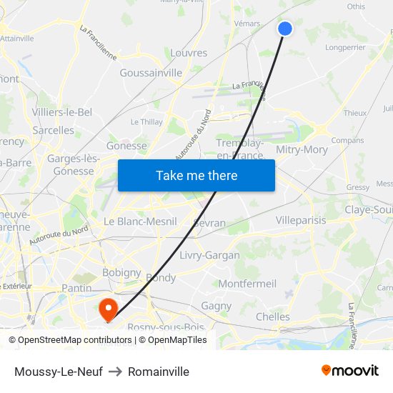 Moussy-Le-Neuf to Romainville map