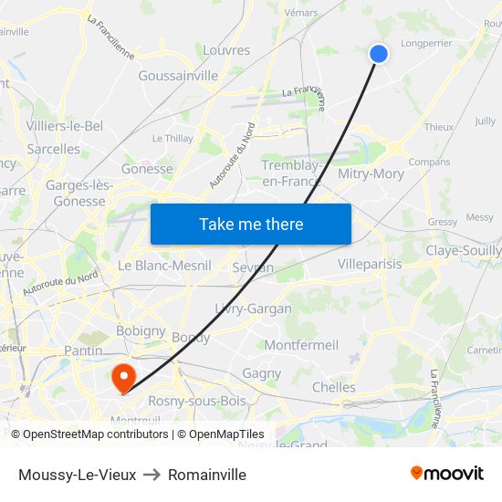 Moussy-Le-Vieux to Romainville map
