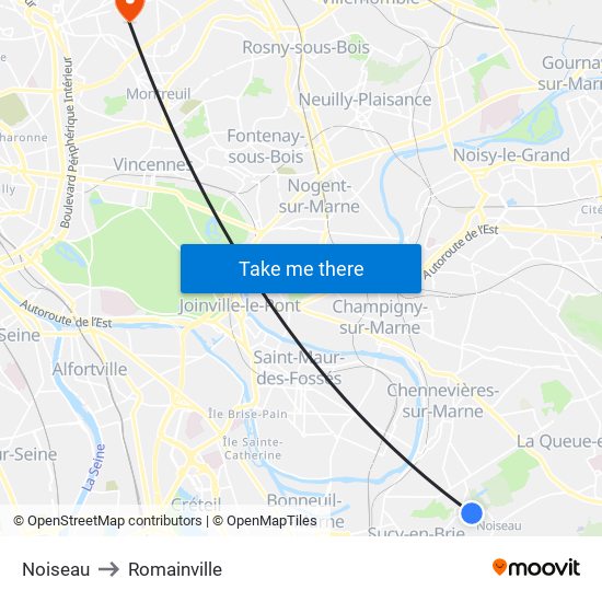 Noiseau to Romainville map