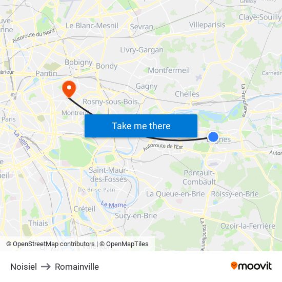 Noisiel to Romainville map