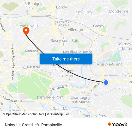 Noisy-Le-Grand to Romainville map